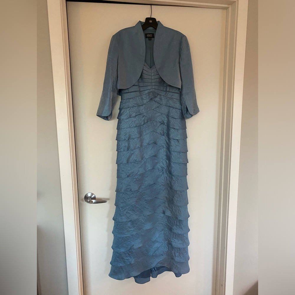 Adriana Papell Occasions Formal Dusty Blue Long Dress and Jacket
